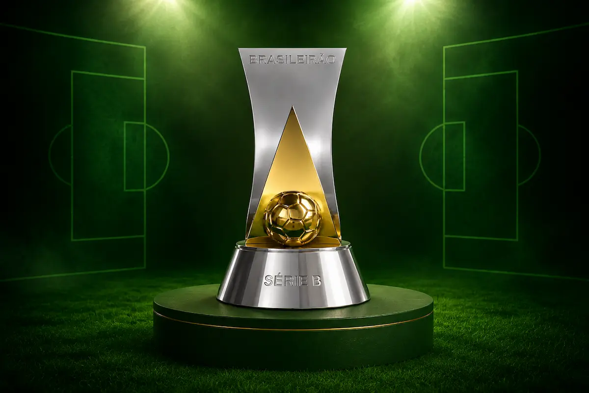 Taça do Brasileirão Série B em destaque sobre pedestal, com fundo verde inspirado em um campo de futebol.