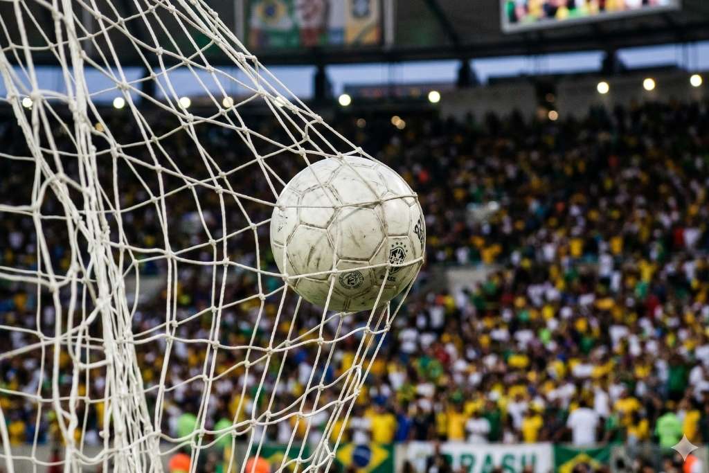 Bola de futebol oficial com o escudo da CBF  nas redes do gol durante uma partida da Seleção Brasileira, com a torcida vestindo amarelo e verde lotando as arquibancadas ao fundo e uma faixa com a palavra "Brasil" visível, representando o cenário das maiores goleadas da seleção brasileira ao longo da história.