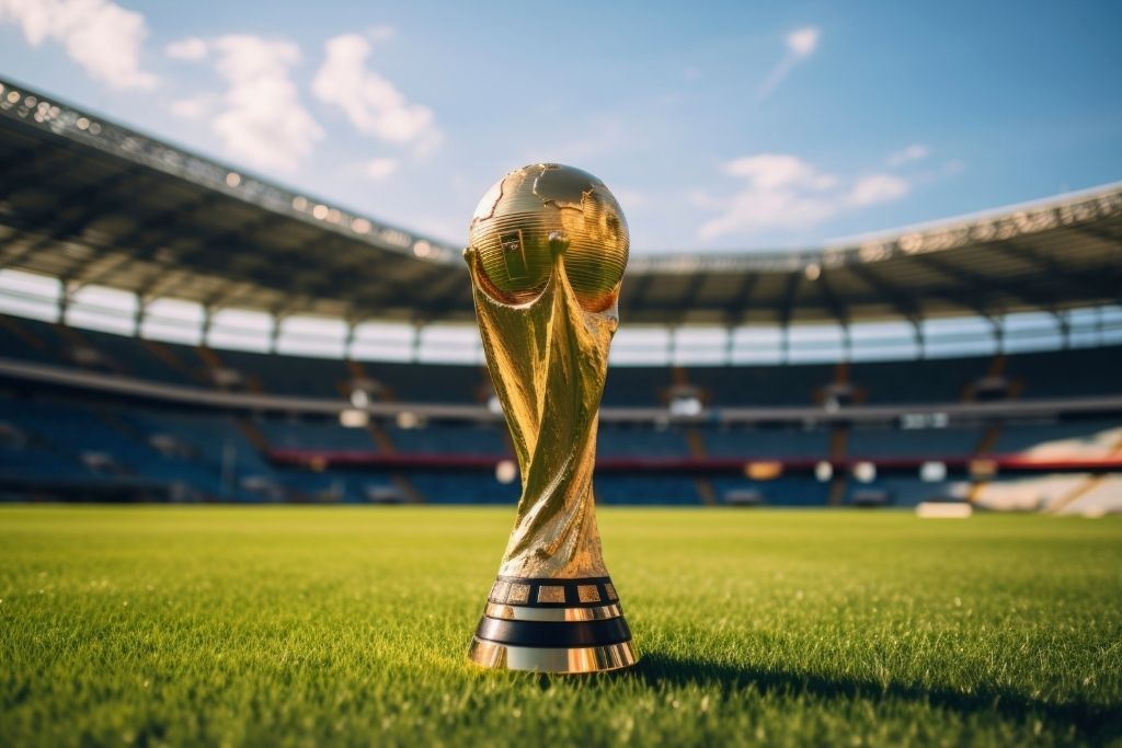 Taça dourada da Copa do Mundo posicionada sobre o gramado verde de um estádio de futebol vazio sob céu azul com nuvens, representando o troféu mais cobiçado pelas seleções que mais perderam finais de Copa do Mundo ao longo da história.