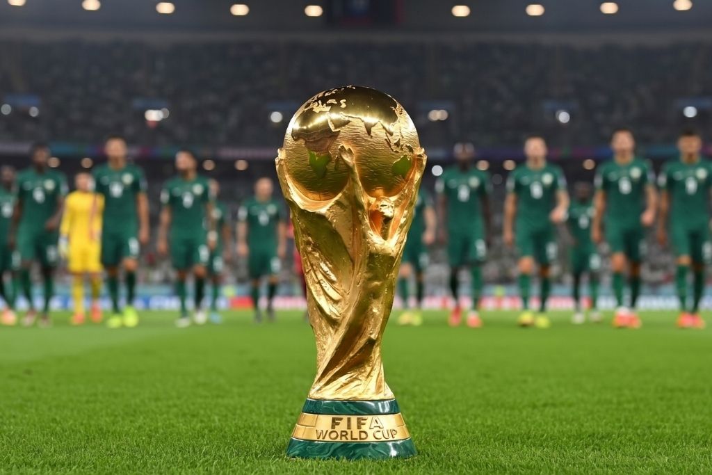 Taça dourada da Copa do Mundo em destaque no gramado de um estádio lotado, com jogadores de uniforme verde enfileirados ao fundo em posição de cerimônia, ilustrando a disputa pelo título entre as seleções que mais perderam finais de Copa do Mundo na história do torneio.