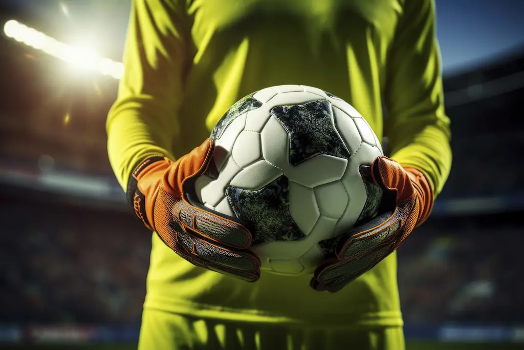 Goleiro profissional com uniforme amarelo e luvas laranjas segurando firmemente uma bola de futebol no centro do peito. Imagem ilustrativa sobre o recorde de goleiros com mais gols na história do futebol.