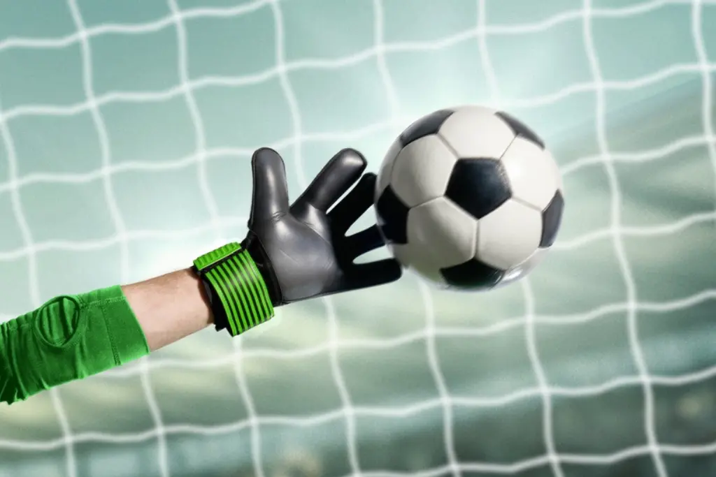 Close-up da mão de um goleiro usando luva preta e verde saltando para defender ou desviar uma bola de futebol em direção à rede. Referência visual aos goleiros com mais gols na história do futebol que também dominam a área defensiva.