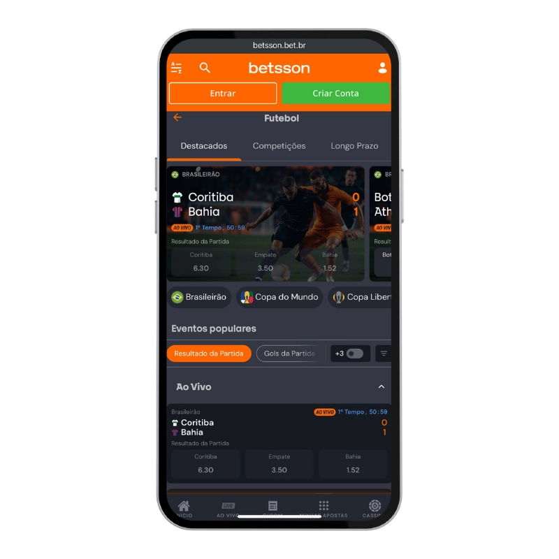 Dispositivo móvel exibindo o site de aposta futebol online Betsson em tons de laranja e cinza, com foco na partida ao vivo entre Coritiba e Bahia e os respectivos mercados de resultado final.