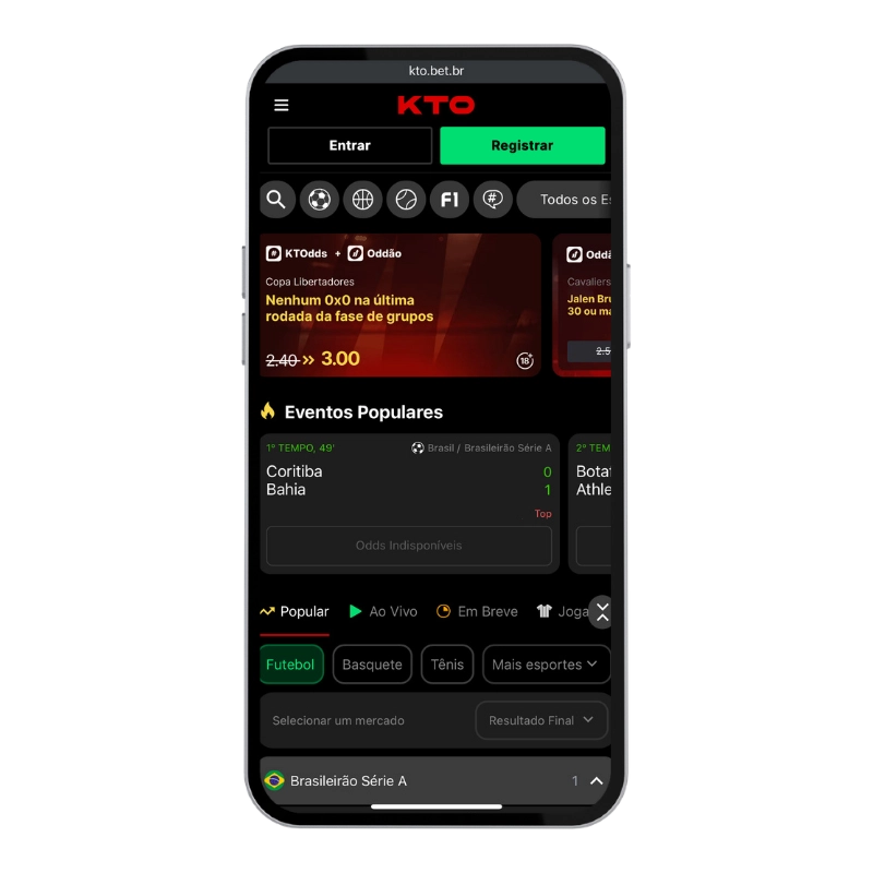 Tela de celular com o layout preto e vermelho da KTO, um site de aposta futebol online, focando na seção de Eventos Populares com o placar ao vivo de Coritiba zero e Bahia um pelo Brasileirão.