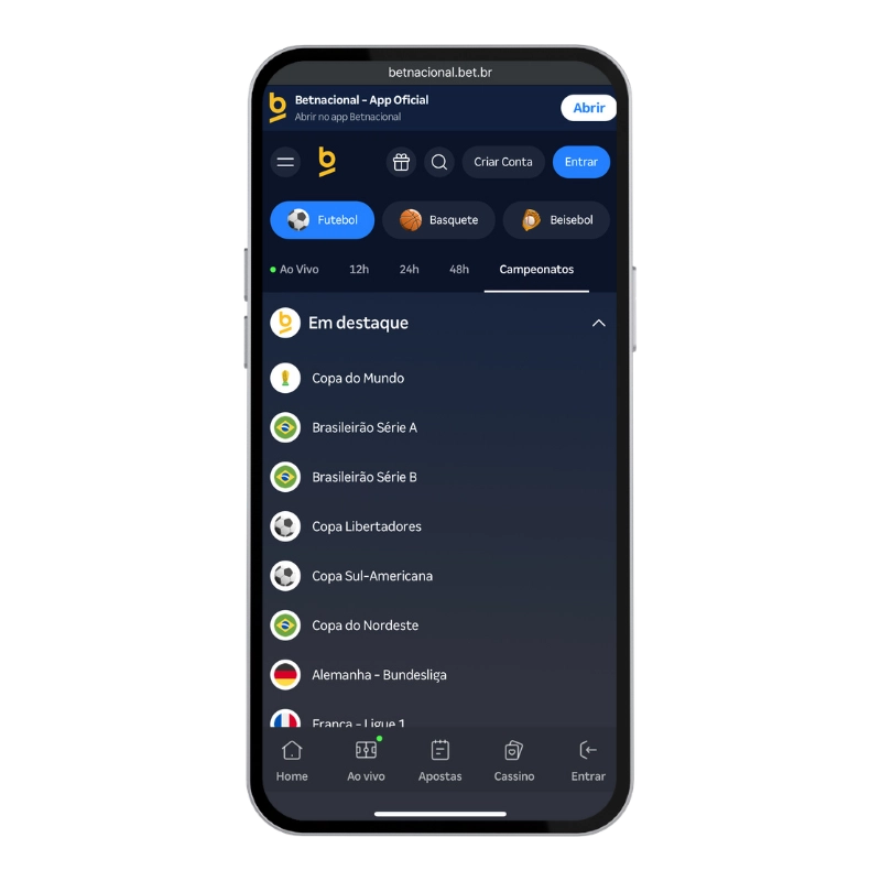 Interface mobile do site de aposta futebol online Betnacional, apresentando a lista de campeonatos em destaque, incluindo a Copa do Mundo, Brasileirão Série A e Copa Libertadores em um menu azul escuro.
