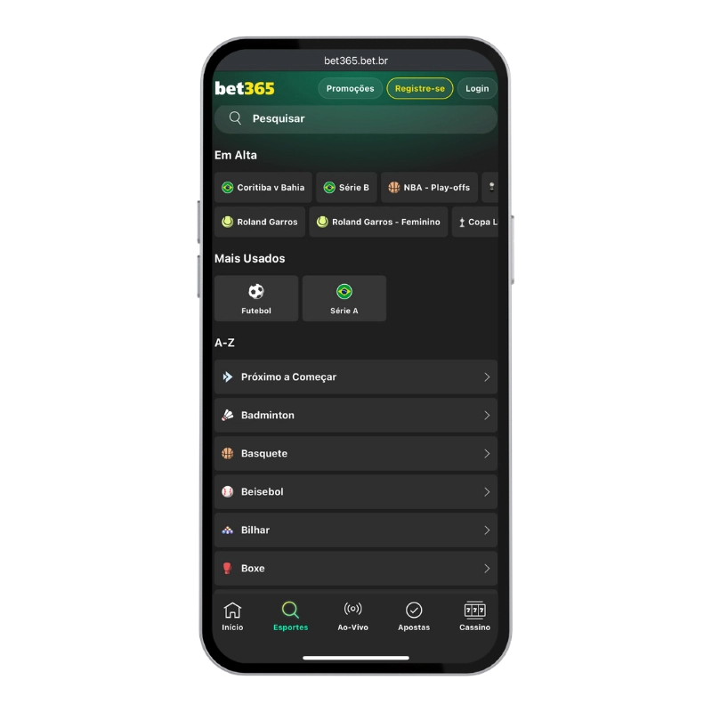Captura de tela em dispositivo móvel da plataforma Bet365, conhecida como site de aposta futebol online, exibindo o menu principal de esportes em alta, como o Brasileirão Série A e Série B, sobre fundo verde escuro.