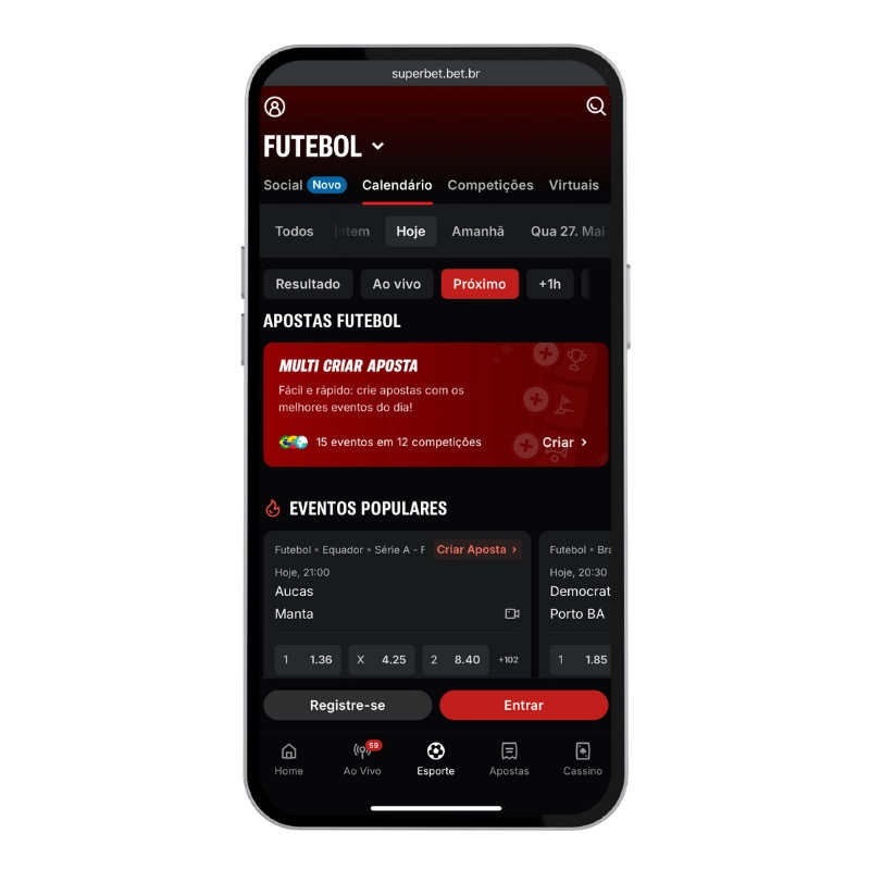 Smartphone mostrando o design em tons de preto e vermelho da Superbet, um site de aposta futebol online, com destaque para o recurso Multi Criar Aposta e a lista de eventos populares.