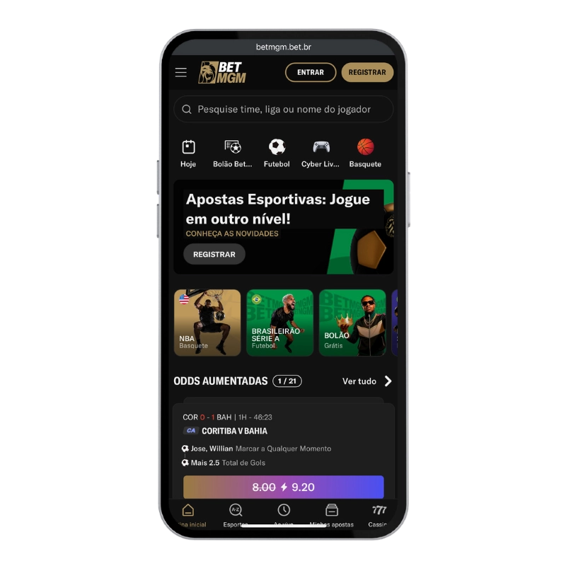 Tela de smartphone exibindo a interface do site de aposta futebol online BetMGM, destacando a seção de odds aumentadas para a partida Coritiba contra Bahia, com navegação em modo escuro.