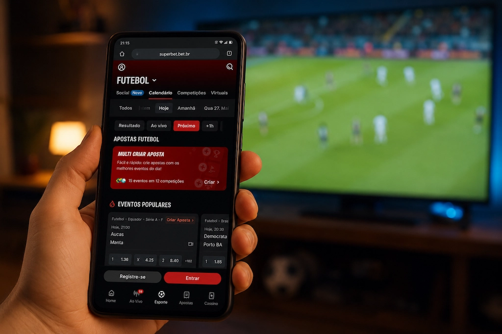 Imagem de um celular mostrando odds e apostas esportivas na Superbet, com jogo de futebol passando na televisão desfocada ao fundo, representando um site de aposta futebol online.