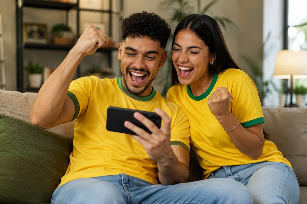 Dois jovens brasileiros usando camisetas amarelas da seleção brasileira comemoram enquanto olham para um smartphone no sofá de casa. A cena transmite a emoção de acompanhar jogos e palpites sobre quais favoritos da Copa 2026 podem conquistar o torneio, com clima descontraído e torcida durante uma partida de futebol.