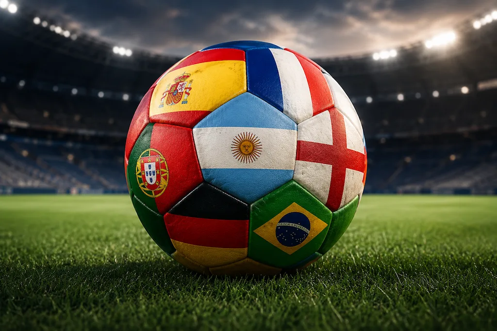 Bola de futebol personalizada com bandeiras de seleções favoritas em destaque sobre o gramado de um estádio iluminado. A imagem representa quais favoritos da Copa 2026 aparecem entre os principais candidatos ao título, incluindo Brasil, Espanha, França, Inglaterra, Argentina, Alemanha e Portugal em uma composição esportiva e realista.