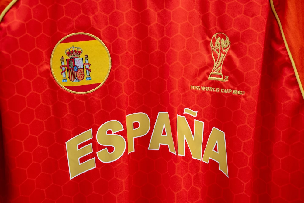 Close-up detalhado do tecido texturizado em padrão de colmeia de uma camisa oficial vermelha de futebol. Na parte superior esquerda, há o escudo redondo com a bandeira da Espanha; na direita, o logotipo dourado bordado da Copa do Mundo da FIFA 2026. Centralizado logo abaixo, destaca-se a palavra "ESPAÑA" estampada em letras douradas com bordas brancas, ilustrando a identidade da Espanha na Copa 2026.