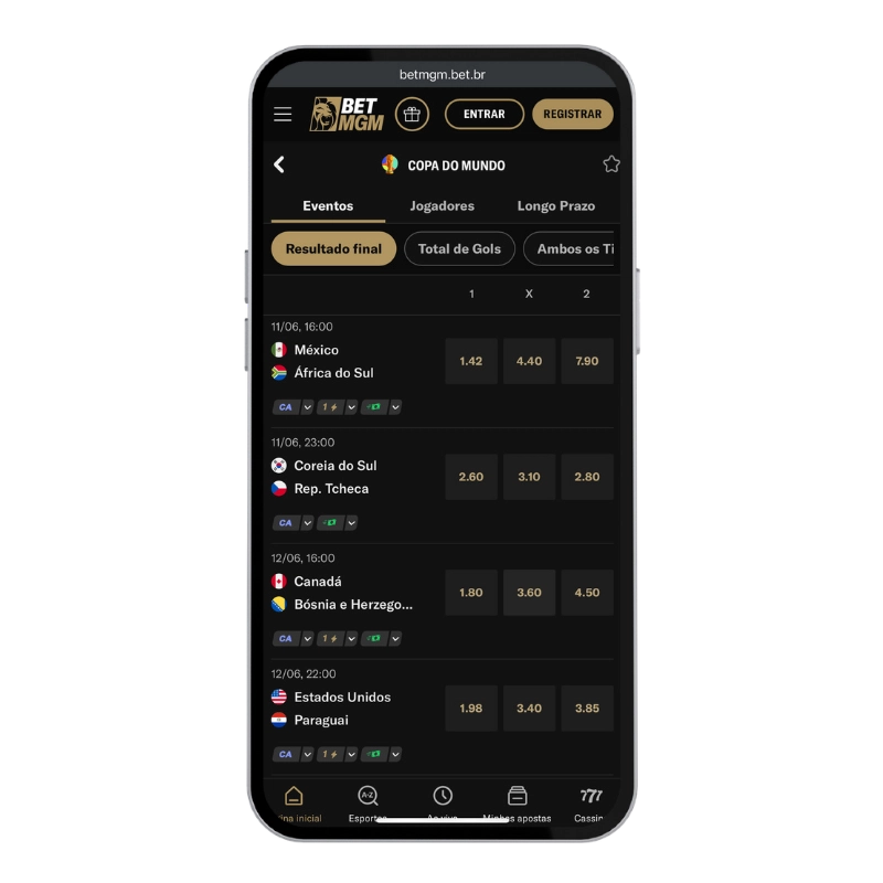 Tela mobile da BetMGM com odds de partidas da Copa do Mundo 2026, incluindo México x África do Sul, em lista para comparar melhores sites de apostas para a Copa do Mundo 2026.