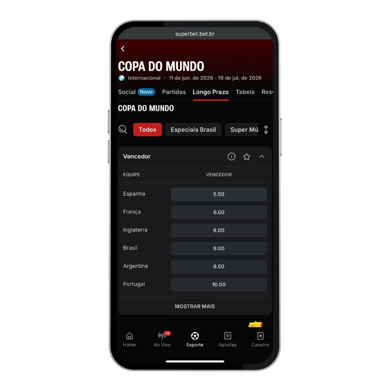 Tela mobile da Superbet com mercado de longo prazo para vencedor da Copa do Mundo, exibindo odds de Espanha, França, Inglaterra, Brasil, Argentina e Portugal entre os melhores sites de apostas para a Copa do Mundo 2026.