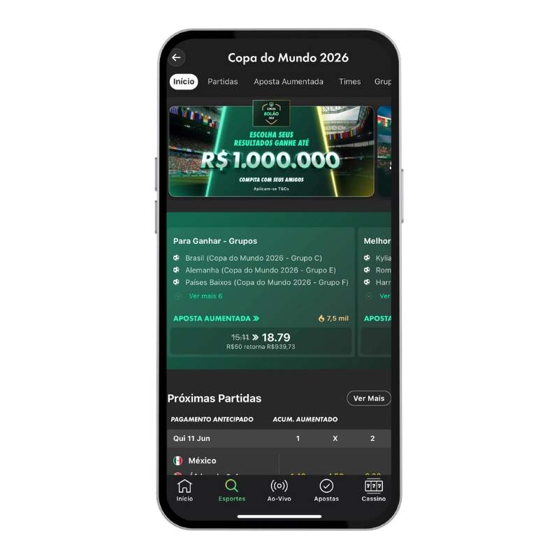 Tela mobile da Bet365 na seção Copa do Mundo 2026, com aposta aumentada, próximas partidas e mercados esportivos para quem busca melhores sites de apostas para a Copa do Mundo 2026.