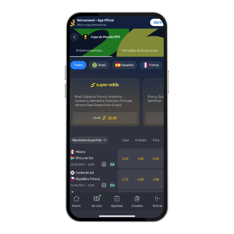 Tela mobile da Betnacional com odds para jogos da Copa do Mundo FIFA, super odds e mercados de resultado da partida entre os melhores sites de apostas para a Copa do Mundo 2026.