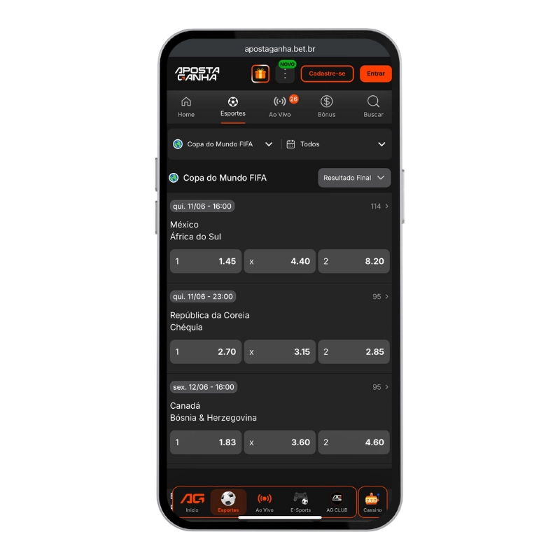 Tela mobile da Aposta Ganha com odds de partidas da Copa do Mundo FIFA, incluindo México x África do Sul, Coreia do Sul x República Tcheca e Canadá x Bósnia e Herzegovina, entre os melhores sites de apostas para a Copa do Mundo 2026.