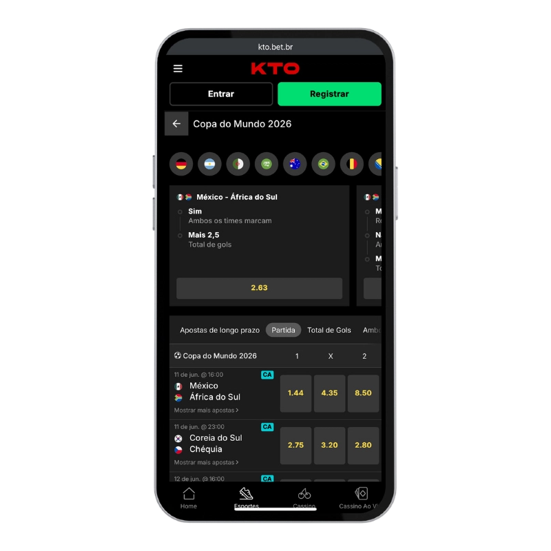 Tela mobile da KTO com mercados da Copa do Mundo 2026, odds para partidas e seleção de países, representando uma opção entre os melhores sites de apostas para a Copa do Mundo 2026.