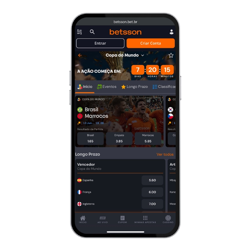 Tela mobile da Betsson com seção Copa do Mundo, contagem regressiva para o torneio, odds de Brasil x Marrocos e mercado de longo prazo para vencedor entre os melhores sites de apostas para a Copa do Mundo 2026.