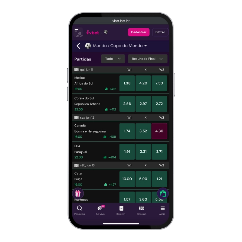 Tela mobile da Vbet com lista de partidas da Copa do Mundo, odds de resultado final para México x África do Sul, Coreia do Sul x República Tcheca e outros jogos, entre os melhores sites de apostas para a Copa do Mundo 2026.