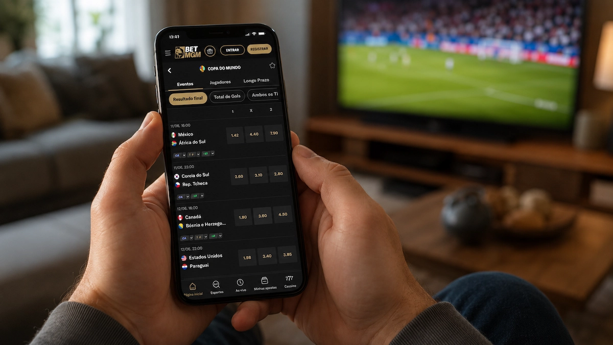 Mãos segurando um smartphone com o site da BetMGM aberto na seção de apostas da Copa do Mundo, enquanto uma TV ao fundo exibe um jogo de futebol em casa, representando os melhores sites de apostas para a Copa do Mundo 2026.