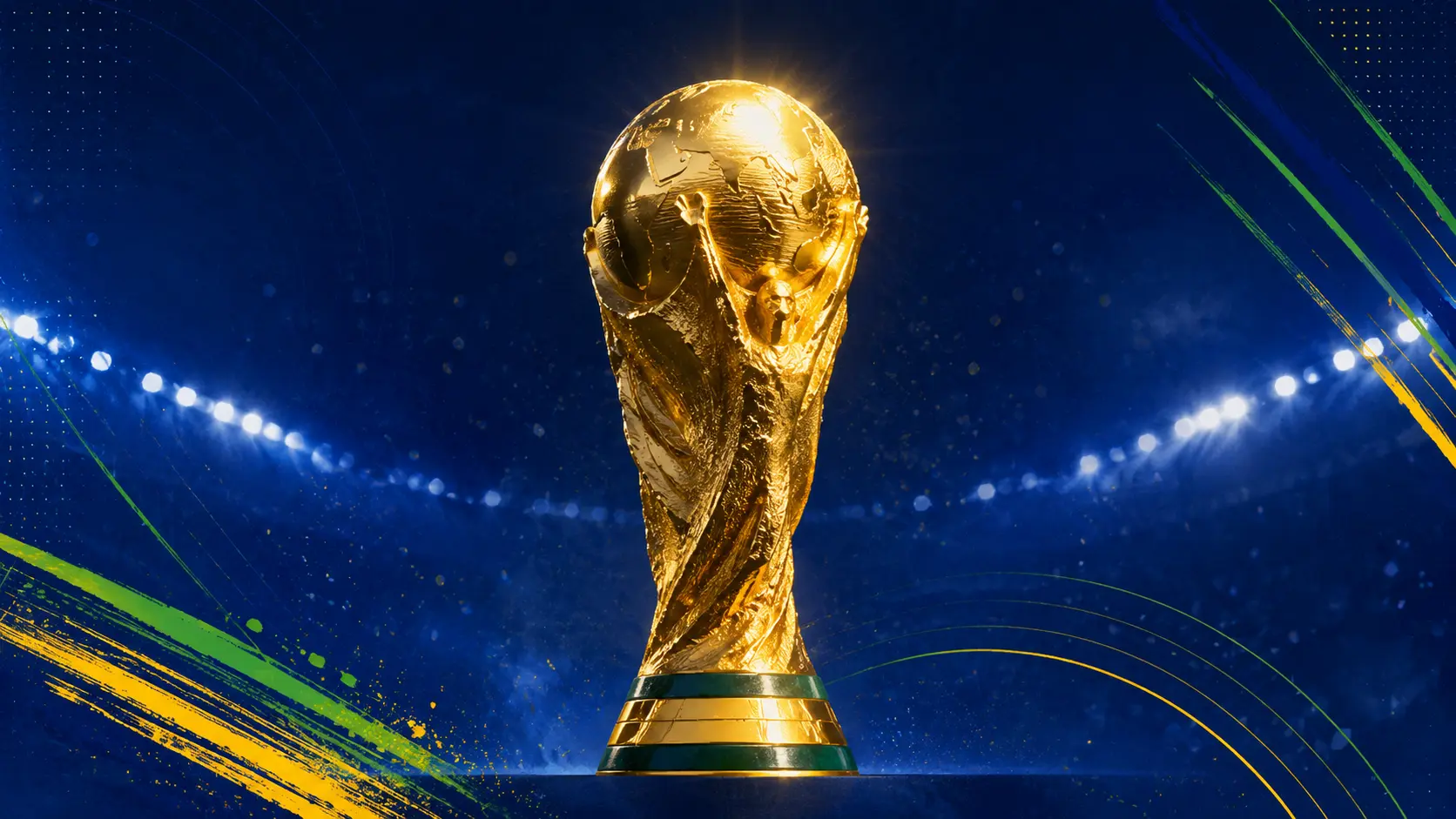 Imagem ilustrativa sobre as chances do Brasil na Copa do Mundo 2026, com a taça da Copa do Mundo em destaque em um cenário esportivo nas cores da Seleção Brasileira.