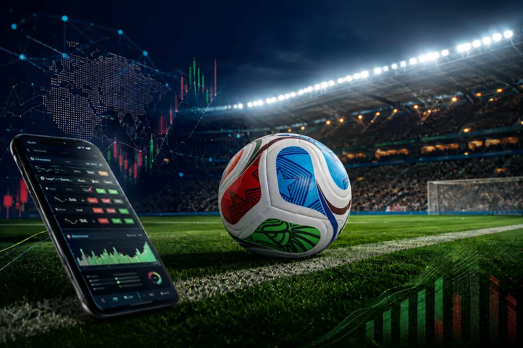 Bola da Copa do Mundo 2026 em campo iluminado, com celular exibindo gráficos de odds da Copa do Mundo e dados esportivos ao fundo.