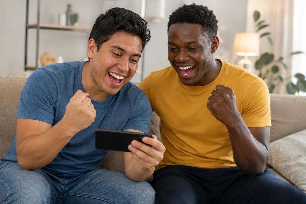 Dois jovens sentados no sofá de casa comemoram enquanto olham para um celular, um usando camiseta azul e outro usando camiseta amarela.