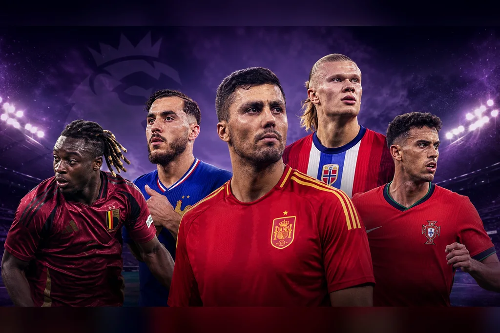 Jogadores da Premier League representando Bélgica, França, Espanha, Noruega e Portugal em composição editorial dramática, com estádio ao fundo e identidade visual roxa inspirada na liga inglesa.